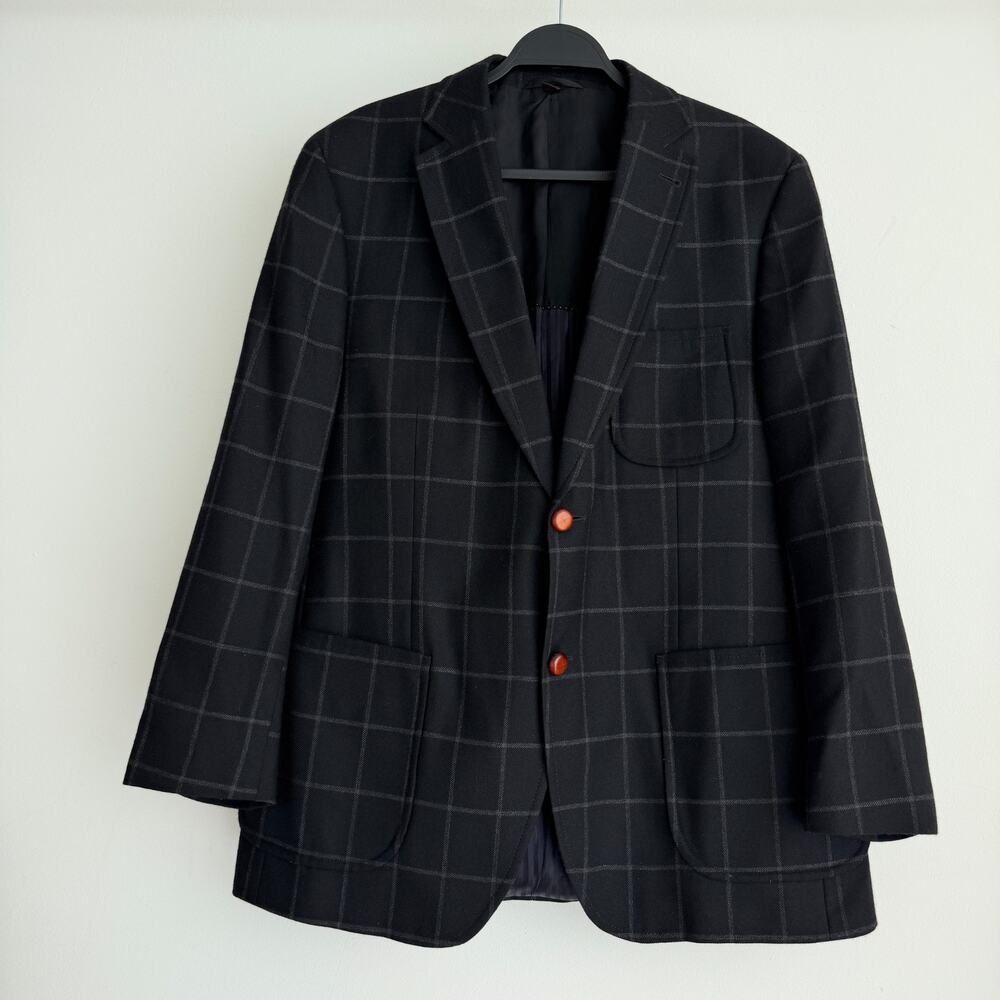 Kroon Lennon Sport Coat Mens 42R Black Wool Windowpane Elbow Patch Blazer Preppy